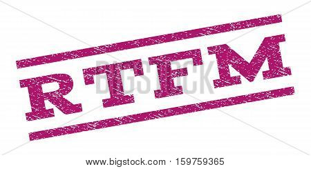 Rtfm watermark stamp. Text tag between parallel lines with grunge design style. Rubber seal stamp with dirty texture. Vector purple color ink imprint on a white background.