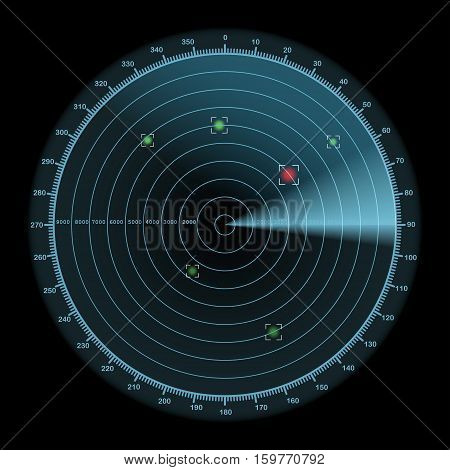 Radar display icon enemy detection concept 2d vector illustration on dark background eps 10