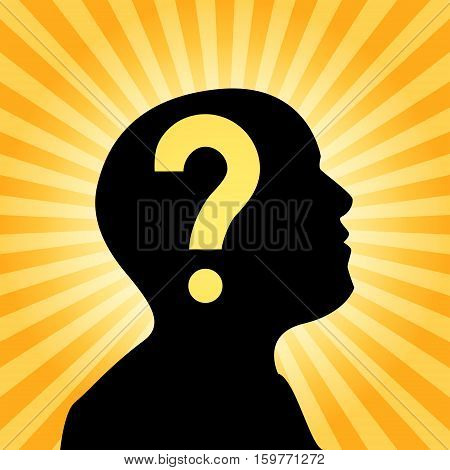 Human silhouette with question mark sign inside the head concept of thought 2d vector illustration on sun ray background eps 10