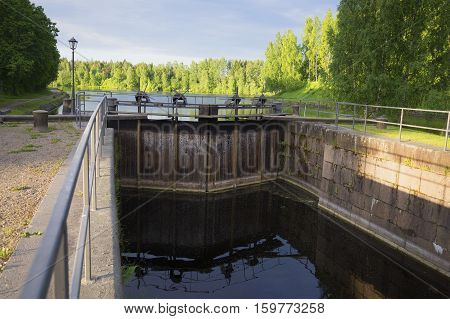 SAIMAA CANAL, FINLAND - JUNE 14, 2015: Vintage gateway 