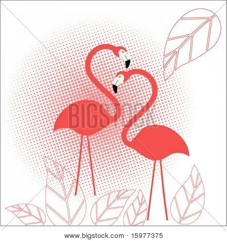 flamingo's  with halftone and leaves