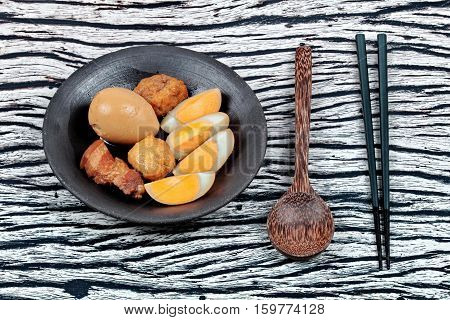 Ready Stewed Boiled Egg With Tofu And Streaky Pork Served.