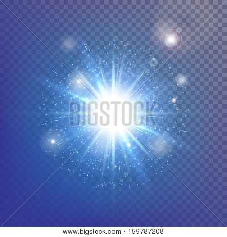 Abstract light background. Blue bokeh. Burst vector. Sparkling stars. Sunlight rays. Illustration of a transparent backdrop.