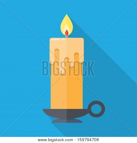 Candle in candlestick isolated illustration on blue background with long shadow