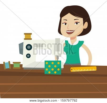 Caucasian seamstress working in cloth factory. Seamstress sewing on industrial sewing machine. Seamstress using sewing machine at workshop. Vector flat design illustration isolated on white background