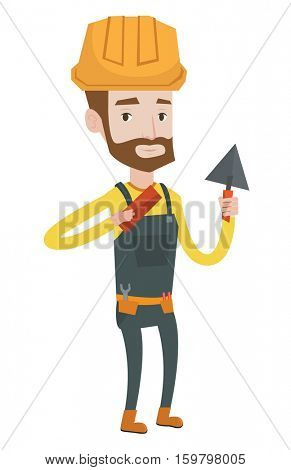 Young confident bricklayer in uniform and hard hat. Caucasian hipster bicklayer with the beard working with a spatula and a brick. Vector flat design illustration isolated on white background.