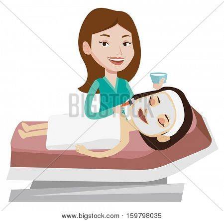 Cosmetologist applying cosmetic mask on face of client in beauty salon. Young woman lying on table in beauty salon during beauty treatment. Vector flat design illustration isolated on white background