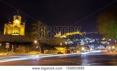 Night View Of The Metekhi Church, The Equestrian Statue Of King Vakhtang Gorgasali And Fortress Nari