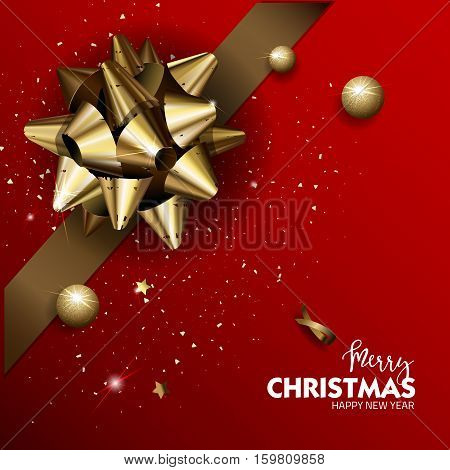 Elegant Merry Christmas or Happy New Year background with gold bow. Vector Illustration.