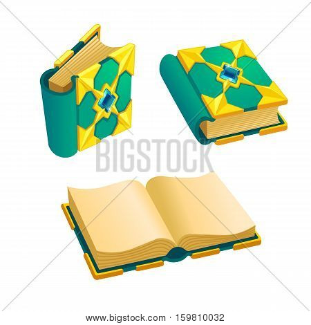 Set of cartoon green book from different angles.Isolated vector elements for game design.
