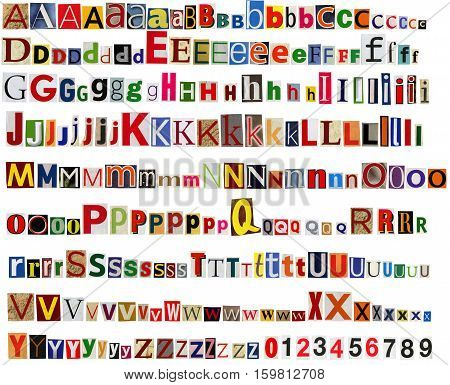 Big size colorful newspaper magazine alphabet with letters numbers and symbols. Isolated on white background.