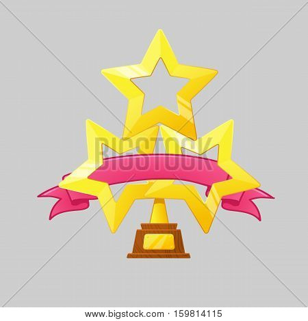 Winner gold cup with red ribbon. Trophy star icon. Championship and olympiad.Vector Game Golden stars icon.