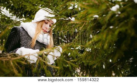 Young Woman In A Forest With Fir And Pine Trees On The Street, Hands Touch The Branches Of Trees, Co