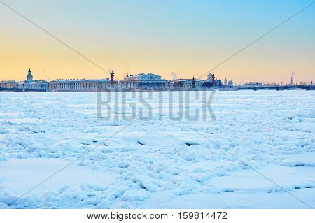 Rostral Columns And Spit Of Vasilyevsky Island In St. Petersburg