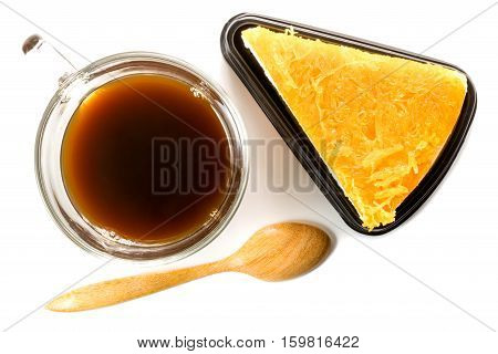 Chiffon cake garnished with foi thong or golden thread with a cup of coffee on white background