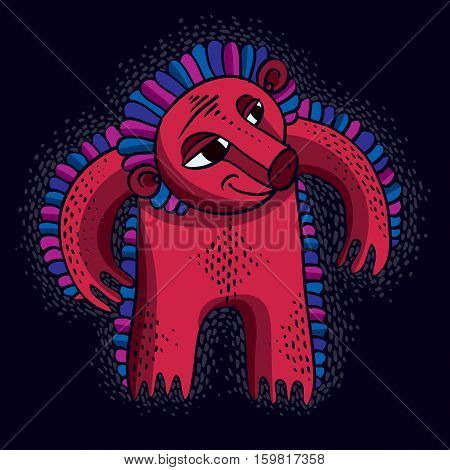 Vector Cool Cartoon Angry Monster, Simple Red Weird Creature With Snoot. Clipart Mythic Character Fo