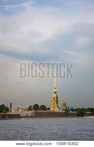 View of Peter and Paul Fortress across the Neva in rainy weather. Saint-Petersburg Russia