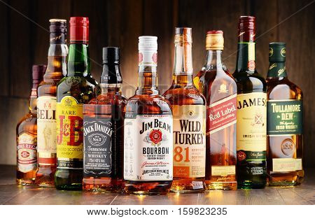 POZNAN POLAND - NOV 23 2016: Whiskey is the most popular liquor in the world. Originated probably in Ireland now it is produced also in India Scotland USA Canada and Japan.