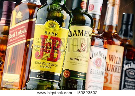 POZNAN POLAND - NOV 23 2016: Whiskey is the most popular liquor in the world. Originated probably in Ireland now it is produced also in India Scotland USA Canada and Japan.