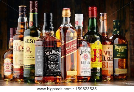 POZNAN POLAND - NOV 23 2016: Whiskey is the most popular liquor in the world. Originated probably in Ireland now it is produced also in India Scotland USA Canada and Japan.