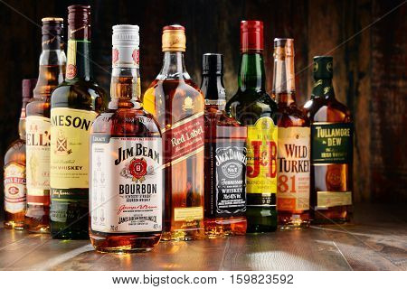 POZNAN POLAND - NOV 23 2016: Whiskey is the most popular liquor in the world. Originated probably in Ireland now it is produced also in India Scotland USA Canada and Japan.