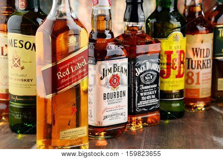 POZNAN POLAND - NOV 23 2016: Whiskey is the most popular liquor in the world. Originated probably in Ireland now it is produced also in India Scotland USA Canada and Japan.