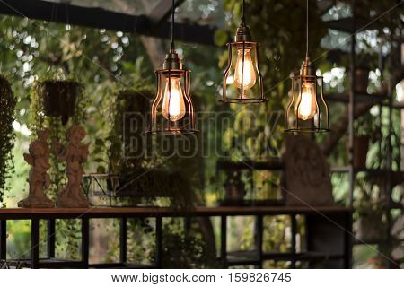 beautiful Light bulb incandescent hanging decorated interior roomselective focus.