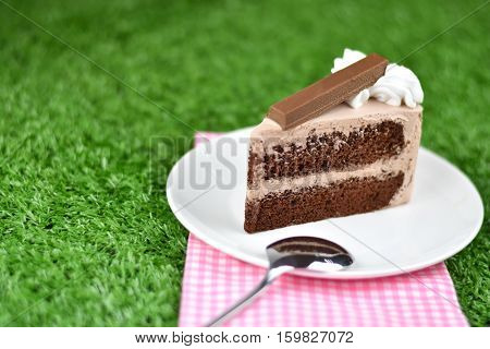 chocolate cake with whip cream and chocolate wafer topping on grass in gardenselective focus.