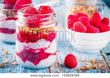 Chia Pudding With Raspberry Sauce, Granola And Fresh Raspberries