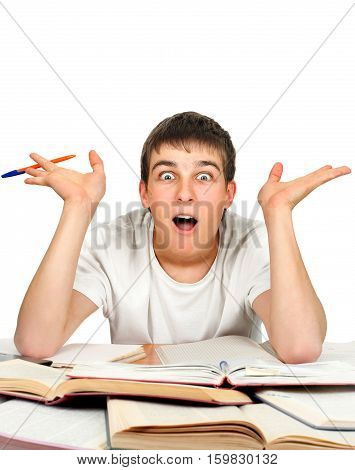 Surprised Student on the School Desk Isolated On the White Background