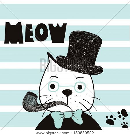 Cute hand drawn cat with hat. Gentelman cat. T-shirt design striped background vector illustration