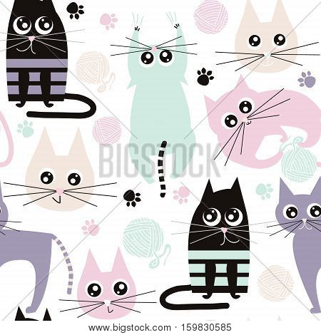 Seamless pattern with funny cats. Kids fabric texture. Vector Illustration