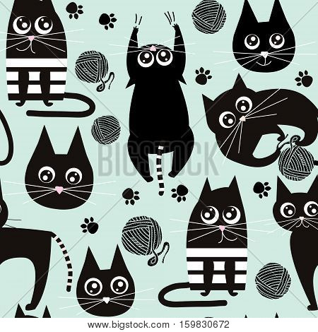 Seamless pattern with funny cats. Kids fabric texture. Vector Illustration