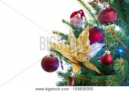 christmas evergreen fresh tree with holiday decorations isolated on white backgroundbackground