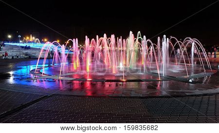 PENZA RUSSIA - AUGUST 29 2016: Cascade fountains in the pedestrian area Sputnik in Penza
