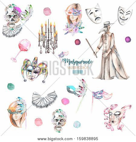 Masquerade theme set with female images in masks, design skulls in Venetian style, masks and plague doctor, hand drawn isolated on a white background