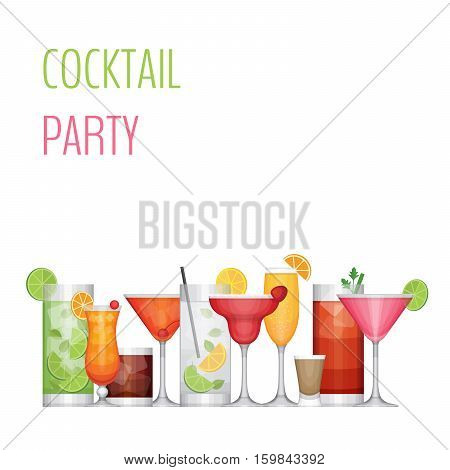 Cocktail party card. Cocktail bar flyer. Flat design style vector illustration.