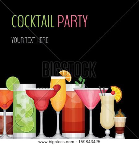 Cocktail party card. Cocktail bar flyer. Flat design style vector illustration.