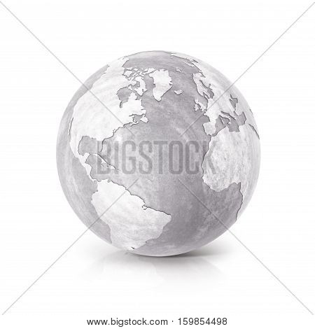 Cement globe 3D illustration North and South America map on white background