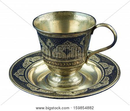 Metal coffee cup encrusted (decorated) embossed pattern. Isolated on a white background