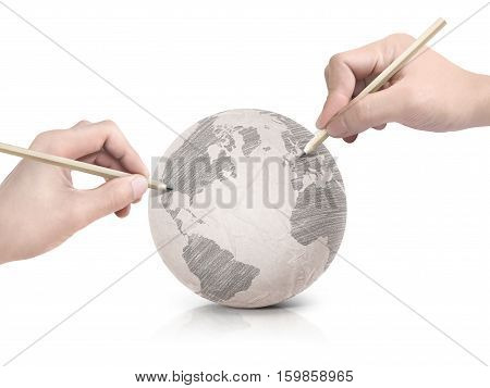 Two hand shade drawing America map on paper ball on white background