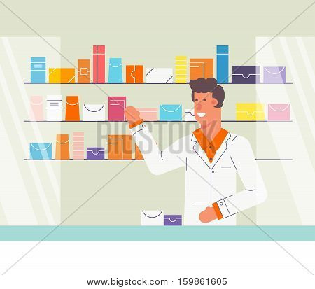 Pharmacy store concept. Pharmacevt man character. Shelves with pills and othe midicine. Flat design with outline elements. Fully editable vector.