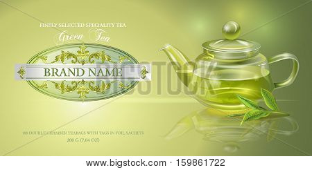 Vector green tea banner with transparent teapot and tea leaves. Design for packaging, drink menu, aromatherapy and tea products. Only free fonts used. Font names included in the layers
