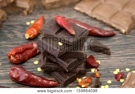 Dark bitter chocolate, pepper chili on the wood surface