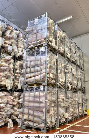 Saint-Petersburg Russia - October 31 2016: Warehouse with a portion of frozen meat cold store.