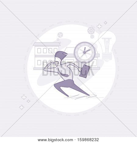 Business Man Run Busy Businessman Time Deadline Thin Line Vector Illustration