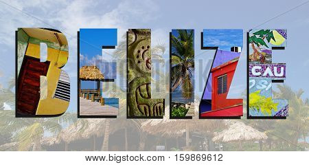 Assorted images of Belize in collage over Belize beach background