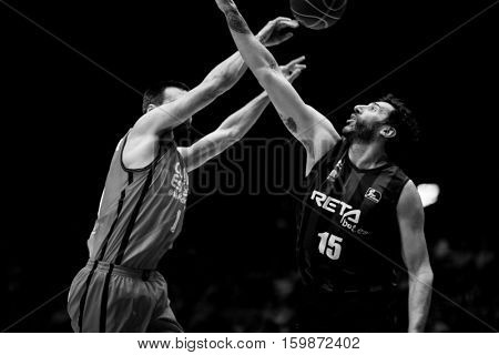 VALENCIA, SPAIN - DECEMBER 3: (L) San Emeterio, 15 Mumbru during spanish league match between Valencia Basket and Bilbao Basket at Fonteta Stadium on December 3, 2016 in Valencia, Spain