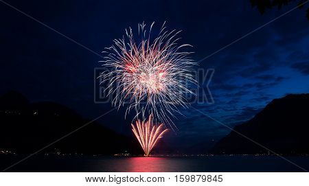 Fireworks on Swiss National Day in Brunnen Vierwaldstätersse (Lake Lucerne) Canton Schwyz Switzerland.