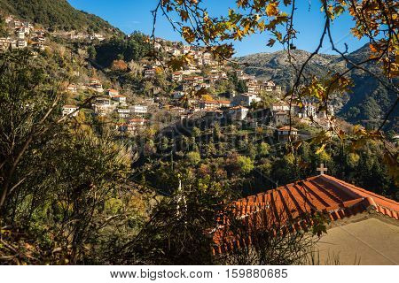 Scenic Mountain Autumn Landscape With  Village Langadia, Peloponnese, Greece